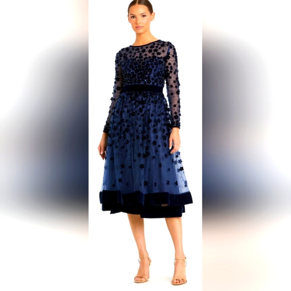 MAC DUGGAL Navy Embellished Illusion High Neck Long Sleeve Fit & Flare Dress 14